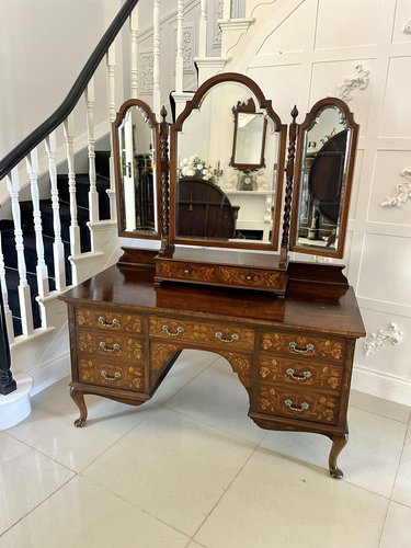 Victorian Figured Walnut Floral Marquetry Inlaid Dressing Table, 1880s