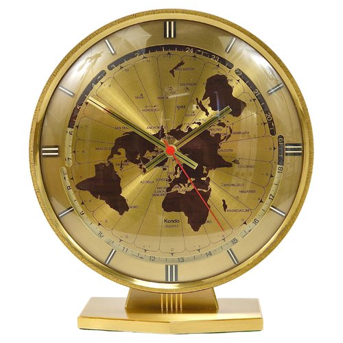 Large Kundo GMT World Time Zone Brass Table Clock by Kieninger