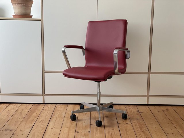 Mid Century Drehstuhl Mit Lederpolster – Höhenverstellbar, Edelstahlbeine, Fürs Home-Office