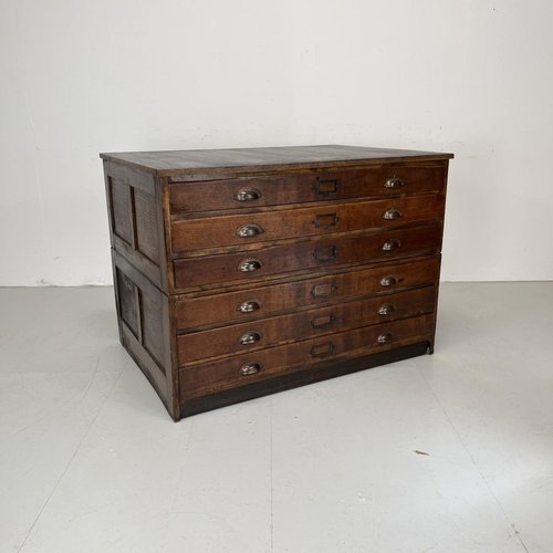 Oak Plan Chest with Brass Handles and Label Inserts, 1930s for sale at Pamono