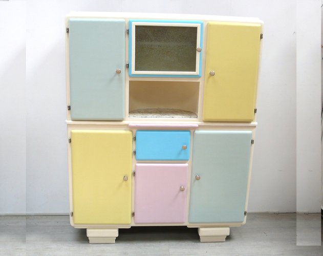 Art Deco Kitchen in Light Cream with Colored Door Colors, 1950s