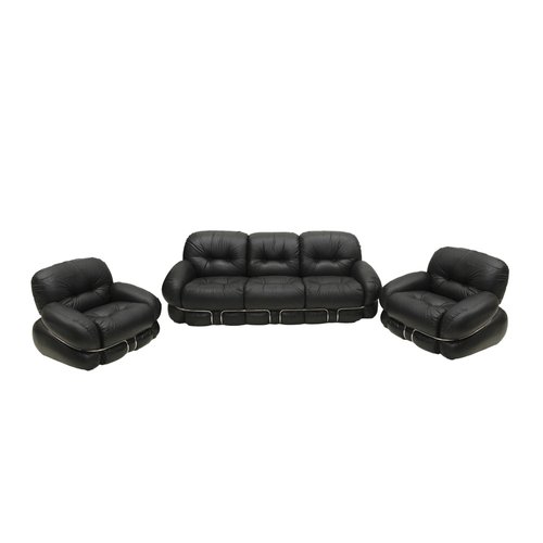 Mid Century Modern Italian Sofa and Armchairs in Black Leather and
