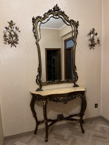 Set 2 Pièces Miroir Mural + Console Soleil Or Baroque - 42x42 Cm, Neuf