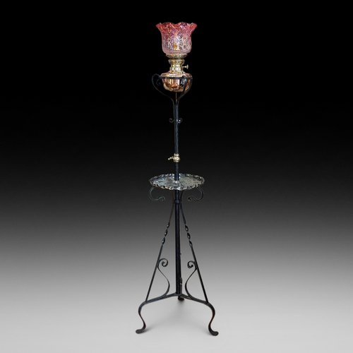 Arts and Crafts Wrought Iron and Copper Standard Oil Floor Lamp, 1890s