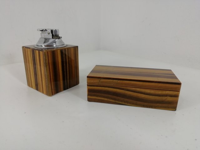 1980s cigarette case Smoking Set in Tigers Eye, Italy, 1980s, Set of 2 for sale at Pamono