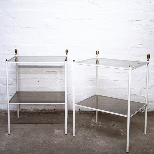 Vintage White Metal Bedside Tables with Brass Detail, 1960s, Set of 2