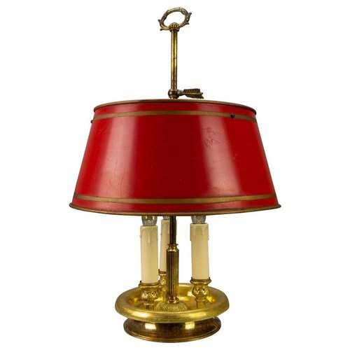 French Brass and Red Tole Shade Three-Light Bouillotte Desk Lamp, 1950s for  sale at Pamono