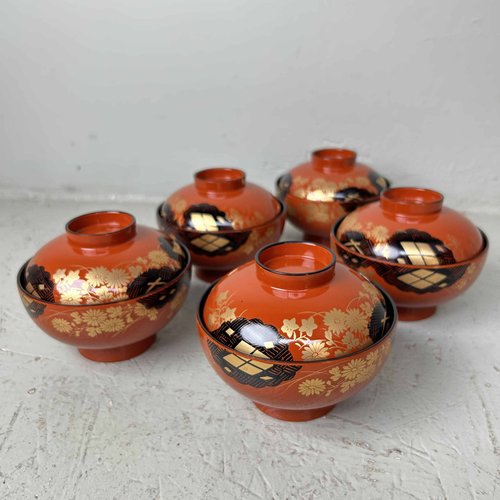 Japanese Lacquerware Rice Bowls, 1960s, Set of 5 for sale at Pamono