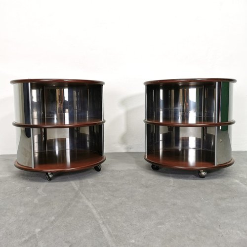 Vintage Round Bedside Tables in Walnut and Steel, 1970s, Set of 2 for