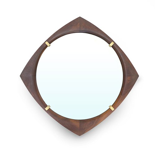 Espejo con marco de madera y detalles de latón, años 50 en venta en Pamono