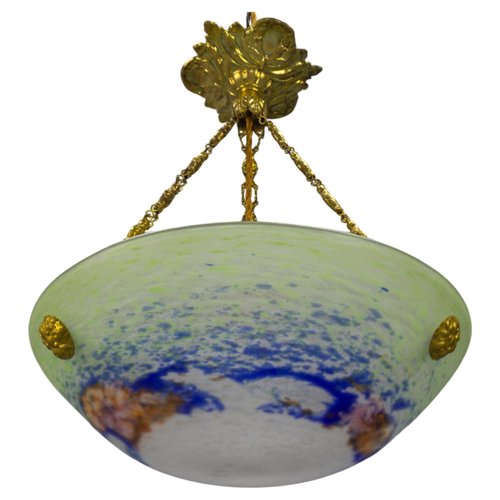 Gelbe Blumen-Glas Pendelleuchte Mit Messing – 250 Mm Durchmesser, E27 Fassung, Dimmbar, 1,5 M Goldgeflechteter Kabel (Blau)