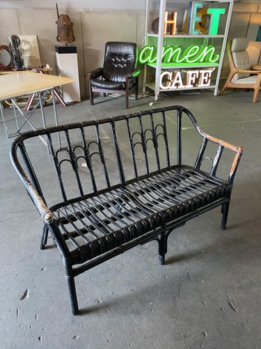 Vintage Black-Painted Rattan Bench for sale at Pamono