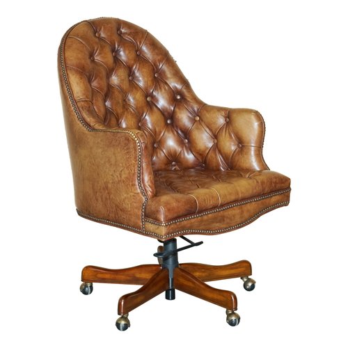 Vintage Aged Brown Leather Chesterfield Captains Swivel Office Chair