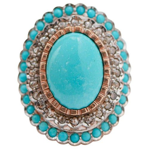 Turquoise, Diamonds, Rose Gold and Silver Ring for sale at Pamono