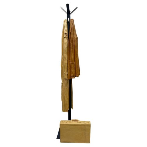 Italian Carved Wood Sculpture of Raincoat and Jacket on Metal Coat