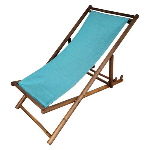 Transat Folding Deck Chair in Bamboo Wood and Fabric, 1970s for sale at