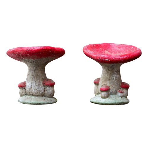 Vintage Mushroom Shaped Garden Stools in Concrete with Patina Set