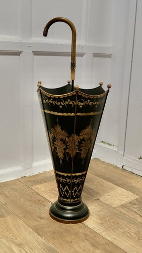 Italian Toleware Umbrella Stand Hand Painted Gold on Black, 1920s