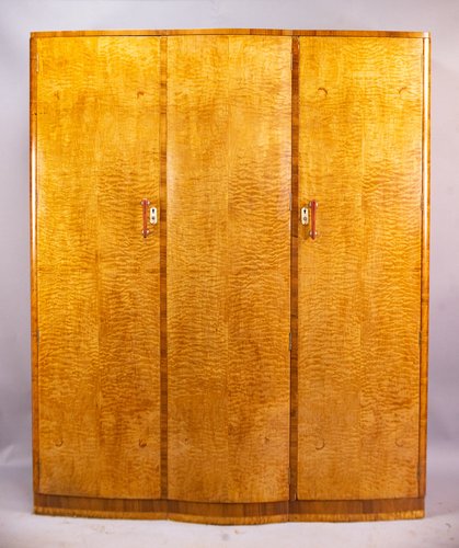 English Art Deco Quilted Maple Triple Wardrobe in the style of ...