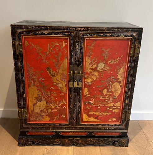 Lacquered Wood Cabinet with Chinese Decorations, 1940s for sale at
