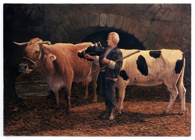 Armando Romano, In the Stable, 20th Century, Oil on Canvas for