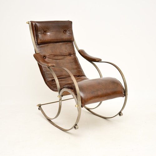 Antique Victorian Steel and Leather Rocking Chair by Peter Cooper