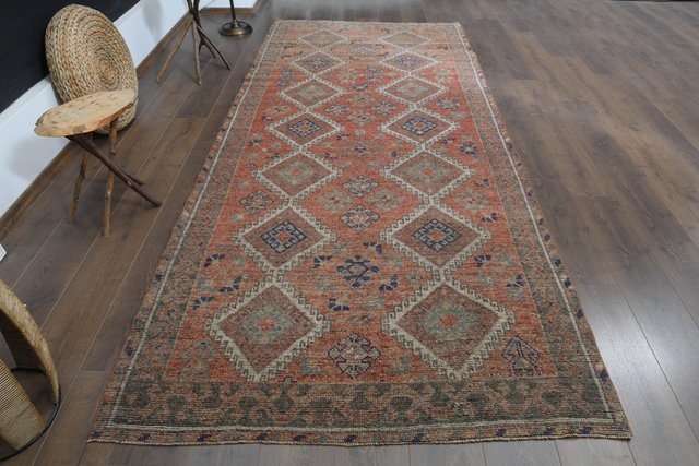 Handmade Orange and Beige Runner Rug, 1960s for sale at Pamono