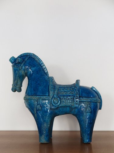 Blue Ceramic Horse Sculpture by Aldo Londi for Bitossi Fiorentino