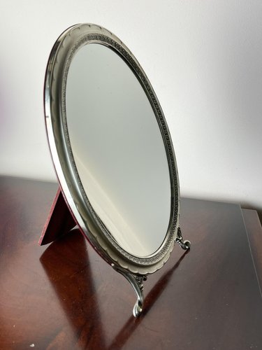Specchio Da Scrivania Ovale Argento Con Supporto In Metallo - Girevole 360°, Autoportante, 14x21 Cm, Per Bagno E Camera Da Letto