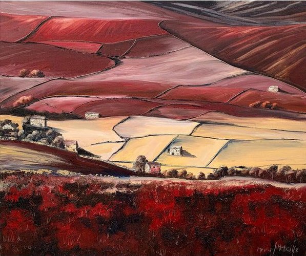 Moira Metcalfe, Red Abstract Landscape of the Yorkshire Dales, Oil