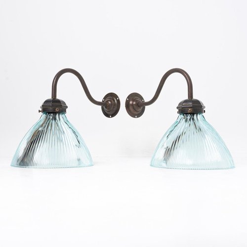 Blue Holophane Prismatic Glass Wall Lights 1890s Set of 2 for