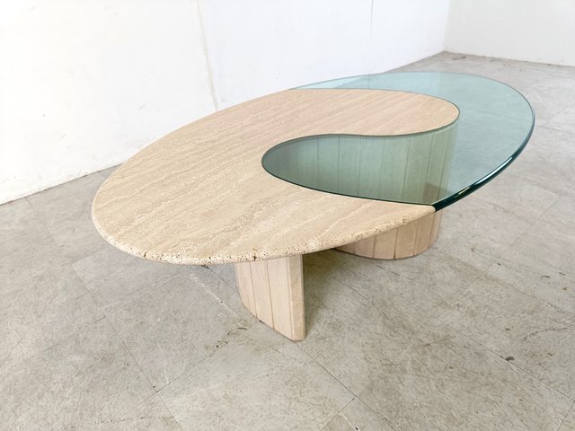 Travertine and Glass Coffee Table Italy 1970s for sale at Pamono