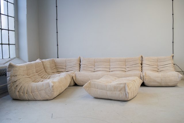 Beige Corduroy Togo Living Room Set by Michel Ducaroy for Ligne Roset, Set of 5 for sale at Pamono