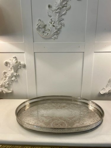 Grand Plateau Majordome Ancien - Plaqué Argent Gravé - Style Victorien Américain 1900-1940