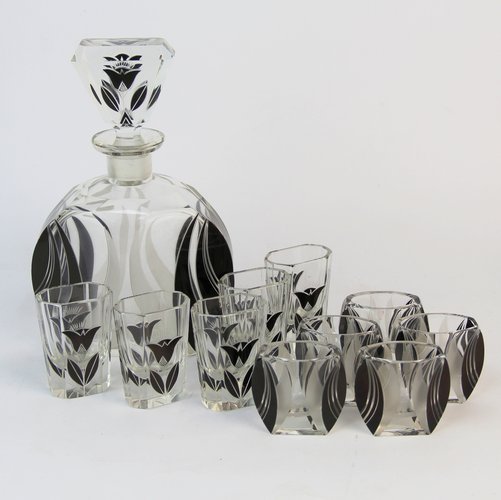 Art Deco Decanter Set with Glasses by Karl Palda, 1920s, Set of 11