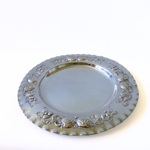 Vintage Silver Plated Round Tray with Embossed Flower Pattern