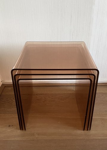 Tavolini Impilabili 3pz con Piano Vetro Trasparente in