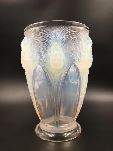 Large Art Deco Opalescent Glass Vase with Thistle Motif from