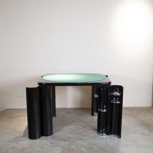 Black Lacquered Wood and Fabric Game Table with Rotating Legs by