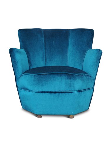 Art Deco Turquoise Blue Velvet Cocktail Chair with Metal Feet