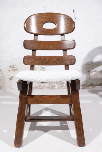 Spanish Brutalist Fishbone Chairs in Oak and Bouclé, 1960s, Set of