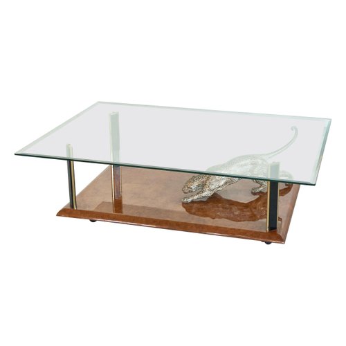 Jaguar Coffee Table in Bronze, Burl Wood and Beveled Glass from