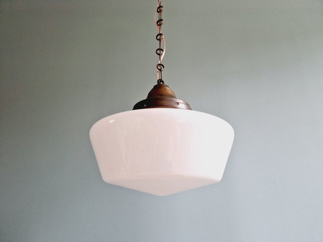Grande Suspension Art Déco - Abat-jour Opaline Ré-électrifié Et Prêt à Poser