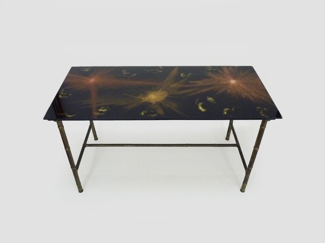 Table D'appoint Larco – Métal, Verre Et Bambou – Plateau Ovale Signé, 90x42x47 Cm
