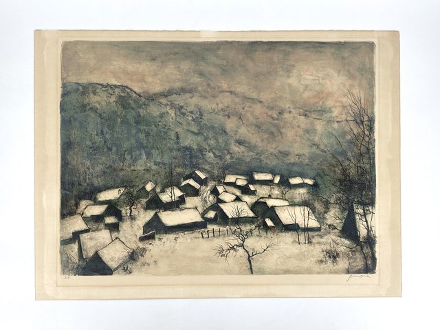 Bernard Gantner, Winter Landscape with Village, Color Lithograph