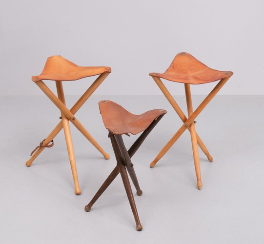 Three Folding Hunting Chairs with Leather Seats, 1960s, Set of