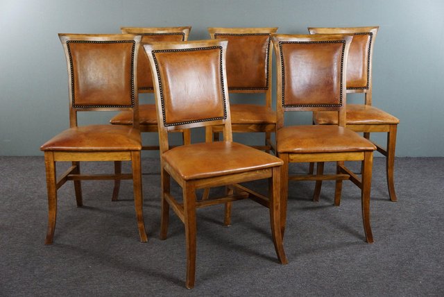 Sheep Leather Dining Chairs with Light Wood Frames Set of 6 for sale at Pamono