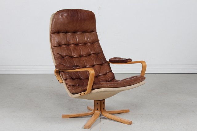 Swedish Mona Roto Swivel Chair in Beech and Cognac Colored Leather