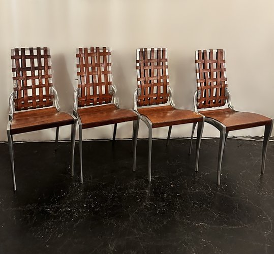 Sculptural Prototype Herm s Saddle Leather and Aluminium Dining Chairs attributed to Michel Ducaroy for Ligne Roset 1968 Set of 4