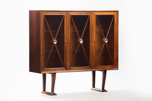 Vintage Walnut Display Cabinet With Brass Door Handles For Sale At